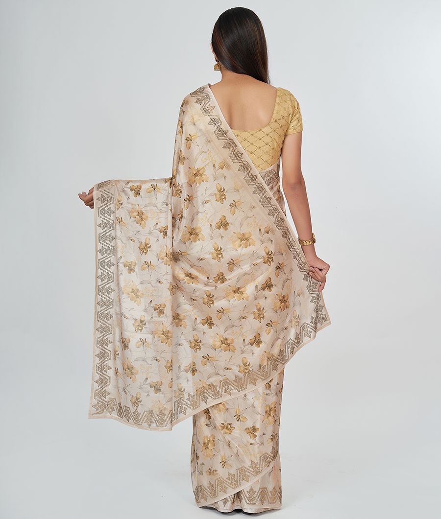 Gold Georgette Saree Floral Print With Stone Work - kaystore.in