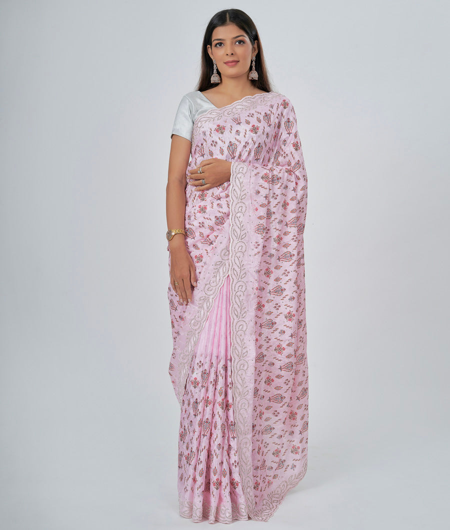 Onion Pink Crêpe Saree Printed Saree With Sequence And Stone And Thread Embroidery Work - kaystore.in