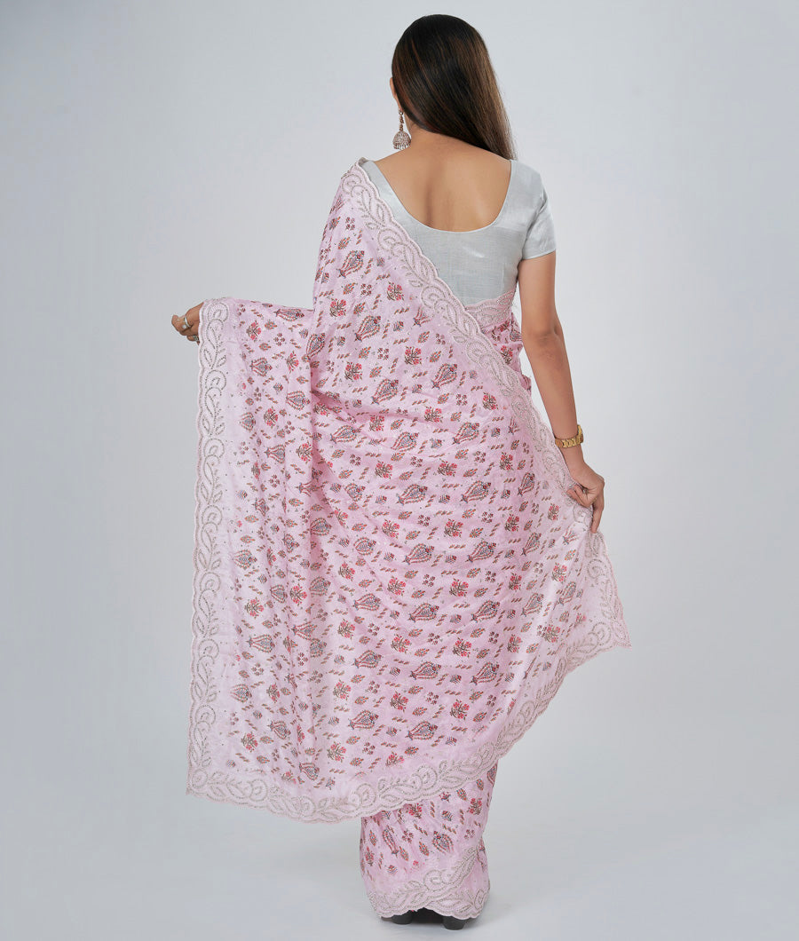 Onion Pink Crêpe Saree Printed Saree With Sequence And Stone And Thread Embroidery Work - kaystore.in