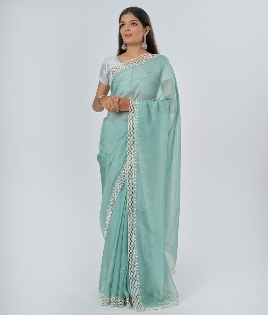 Pista Green Crêpe Saree Thread Embroidery With Cutdana And Pearl Work - kaystore.in