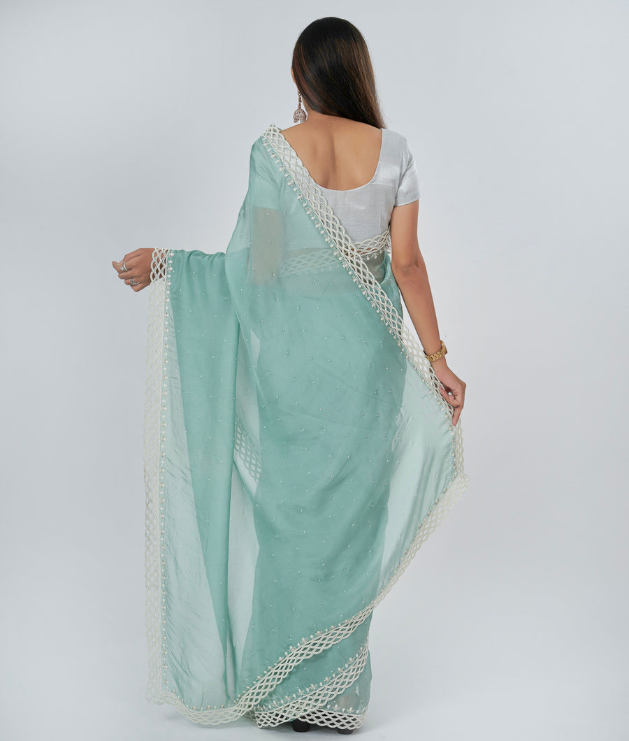 Pista Green Crêpe Saree Thread Embroidery With Cutdana And Pearl Work - kaystore.in