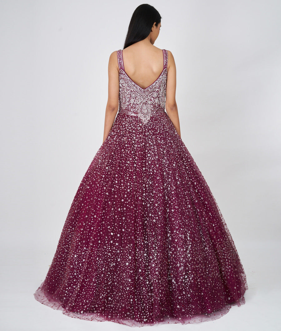 Wine Sequins With Cutdana And Pearl And Jarkan Stone Work Ball Gown Gown