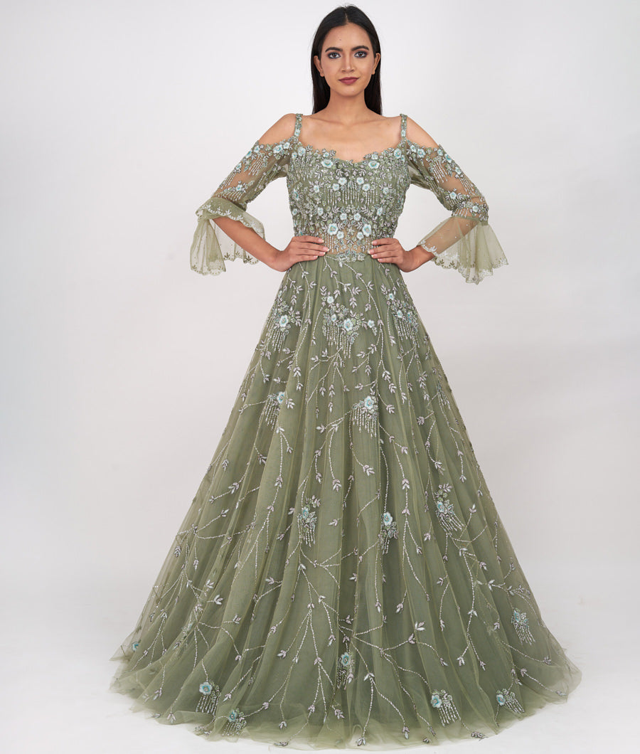 Pista Green Thread Embroidery With Self Sequins And Cutdana And Jarkan Stone And Beads Work Ball Gown Gown