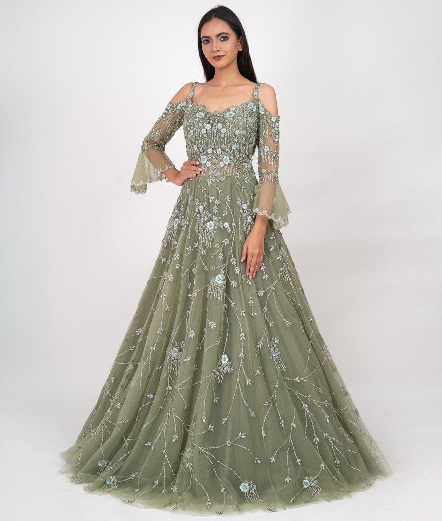 Grey Gown In Sheer Net With Ruched Bodice And One Side Long Flared Sleeves  Online - Kalki Fashion | Bridesmaid outfit, Grey gown, Choli dress