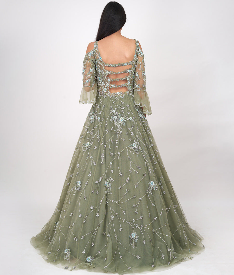 Pista Green Thread Embroidery With Self Sequins And Cutdana And Jarkan Stone And Beads Work Ball Gown Gown