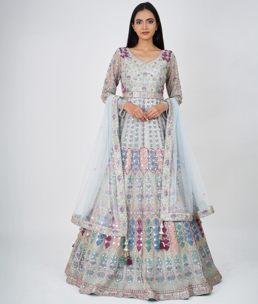 Sky Blue Multi Color Thread And Zari Embroidery With Sequins And Pearl And Gota Patti And Mirror And Jarkan Stone Work E.Gown Gown