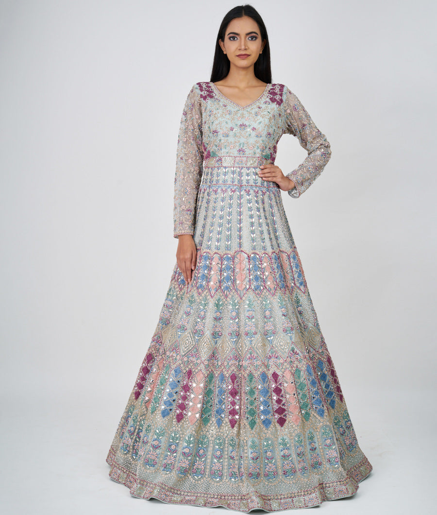 Sky Blue Multi Color Thread And Zari Embroidery With Sequins And Pearl ...