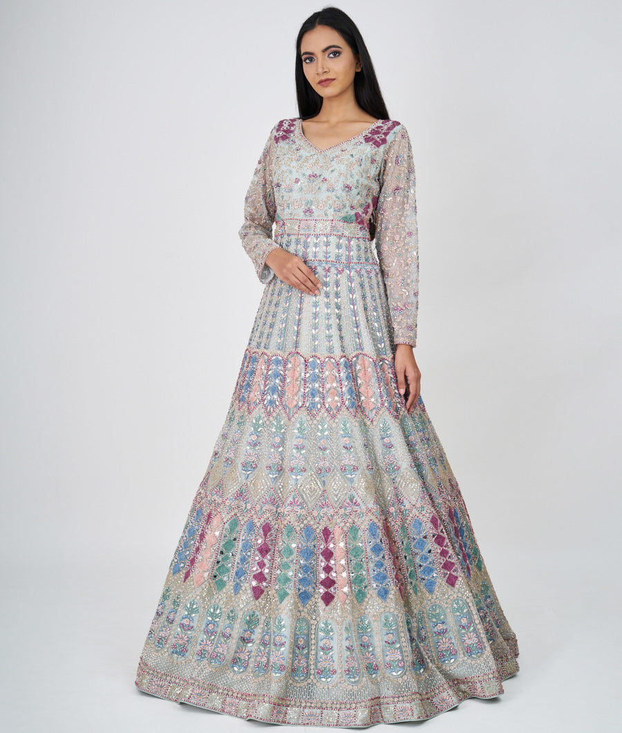 Sky Blue Multi Color Thread And Zari Embroidery With Sequins And Pearl And Gota Patti And Mirror And Jarkan Stone Work E.Gown Gown