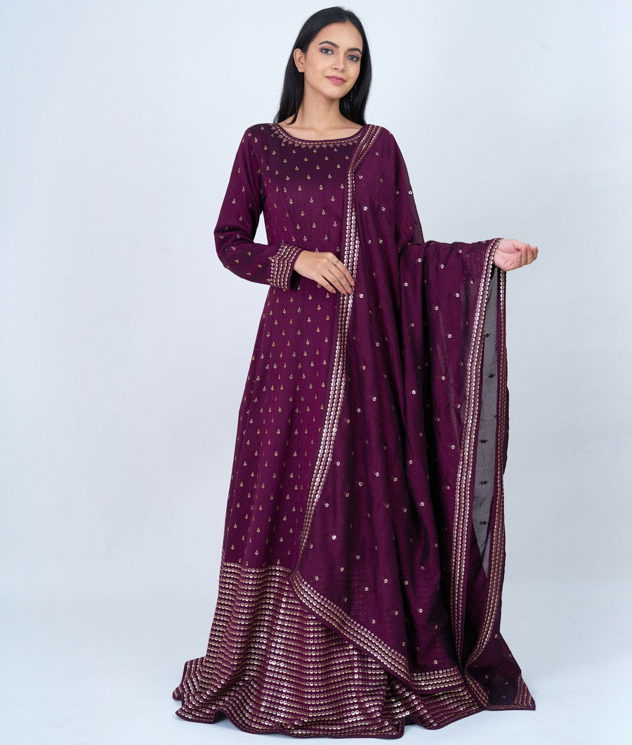 Wine Alover Micro Stone With Sequins And Thread Embroidery Work Anarkali Gown
