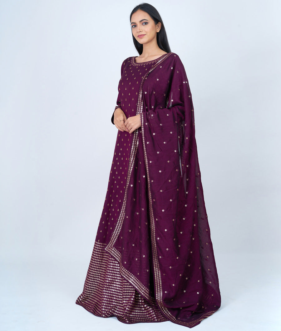 Wine Alover Micro Stone With Sequins And Thread Embroidery Work Anarkali Gown