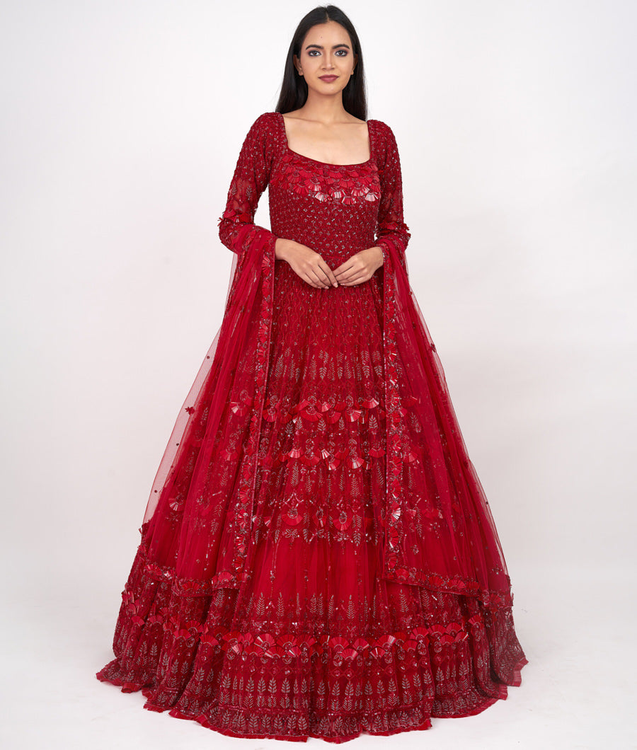 Red Alover Self Sequins With Cutdana And Pearl And Swarovski Stone Work Ball Gown Gown