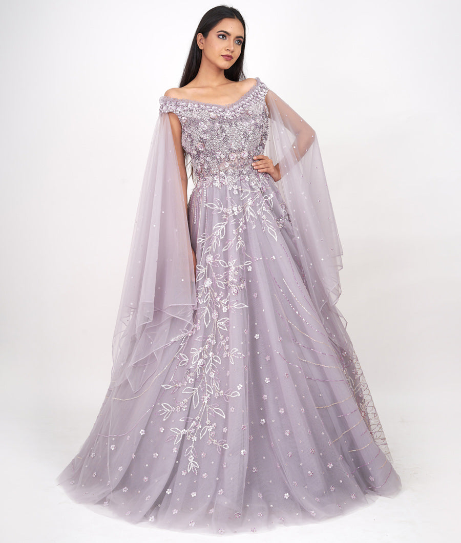 Lite Lavender Pearl With Sequins And Cutdana And Jarkan Stone Work Ball Gown Gown