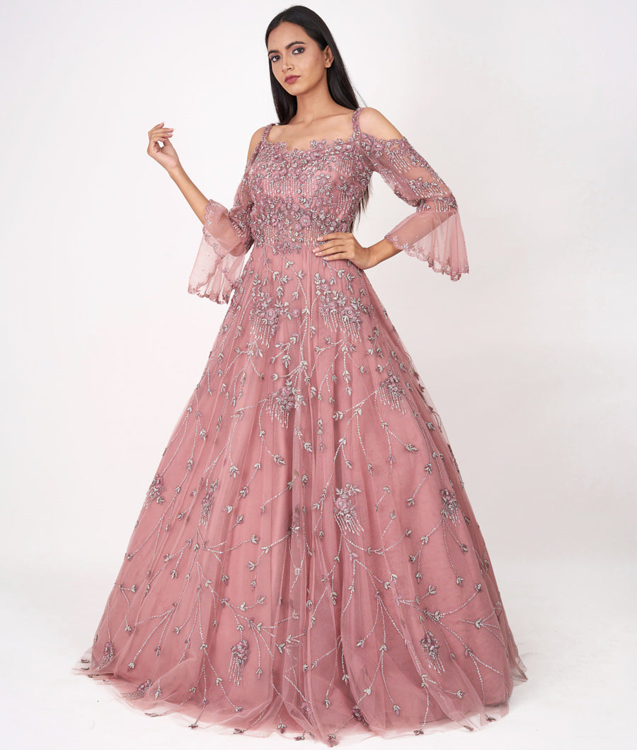 Onion Thread Embroidery With Self Sequins And Cutdana And Jarkan Stone And Beads Work Ball Gown Gown
