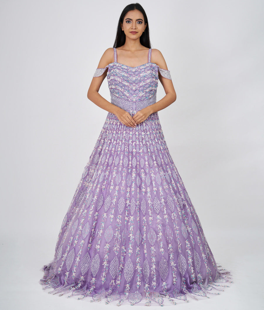 Lavender Sequins With Cutdana And Pearl And Jarkan Stone Work Ball Gown Gown