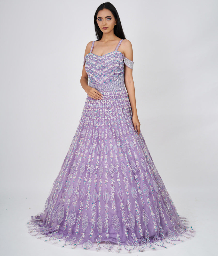 Lavender Sequins With Cutdana And Pearl And Jarkan Stone Work Ball Gown Gown