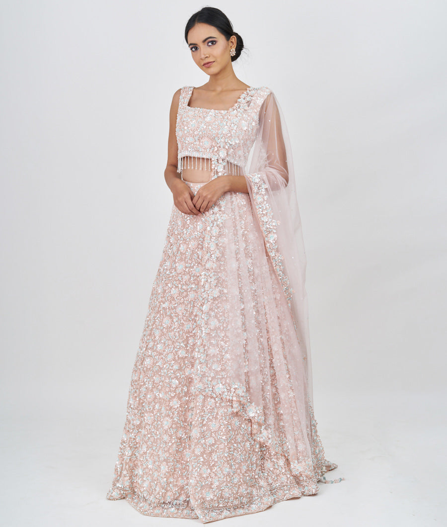 Peach Alover Sequins With Pearl And Jarkan Stone Work  Lehenga