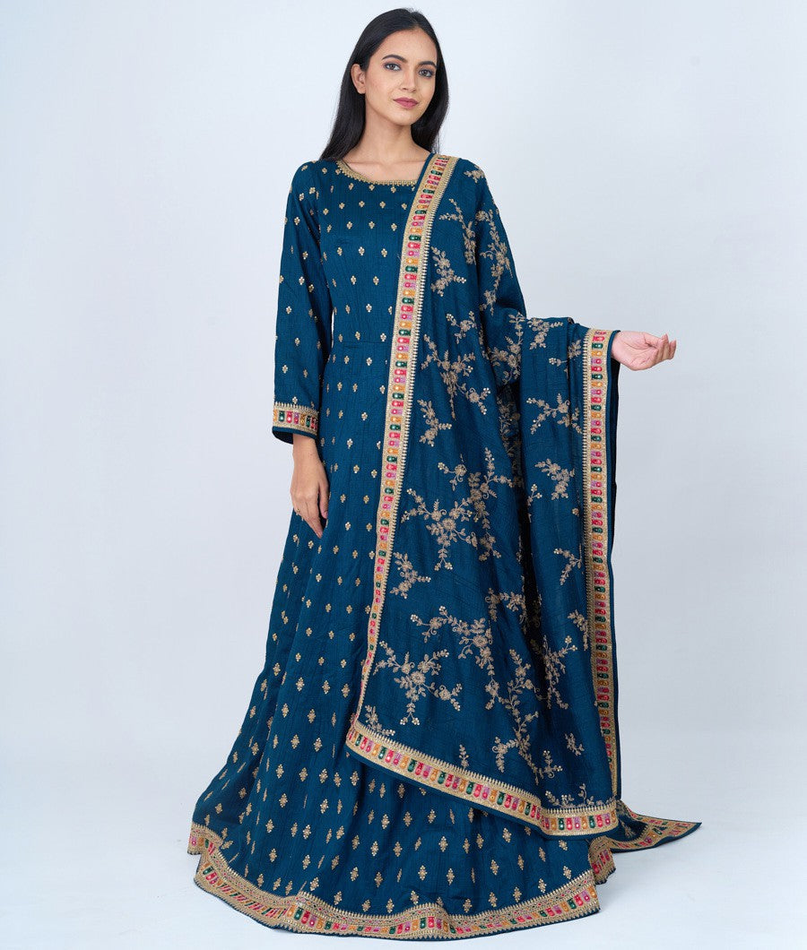Rama Blue Zari And Multi Color Thread Embroidery With Sequins And Stone Work Anarkali Gown
