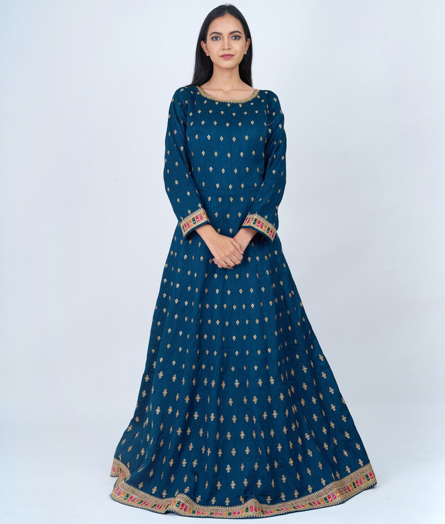 Rama Blue Zari And Multi Color Thread Embroidery With Sequins And Stone Work Anarkali Gown