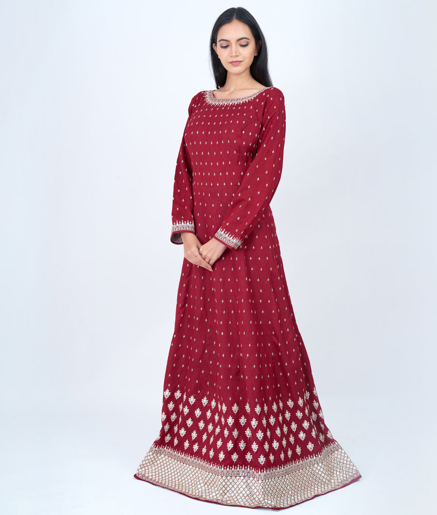 Maroon Thread And Zari Embroidery With Sequins And Mirror Work Anarkali Gown