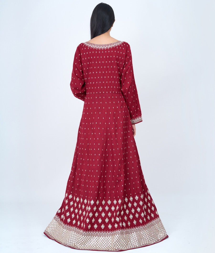 Maroon Thread And Zari Embroidery With Sequins And Mirror Work Anarkali Gown