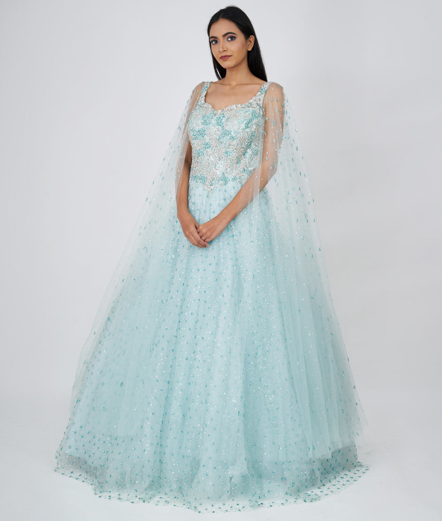 Sky Blue Sequins And Cutdana And Jarkan Stone Work Ball Gown Gown_KNG88523
