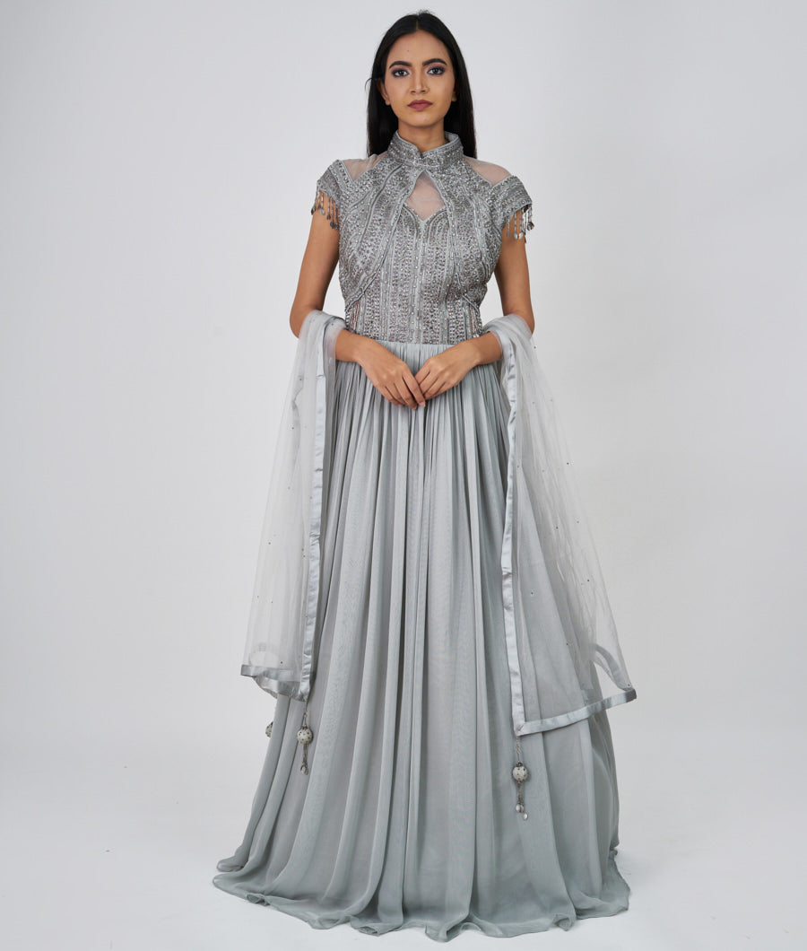 Lite Grey Cutdana With Sequins And Jarkan And Swarovski Stone Work Gown Gown
