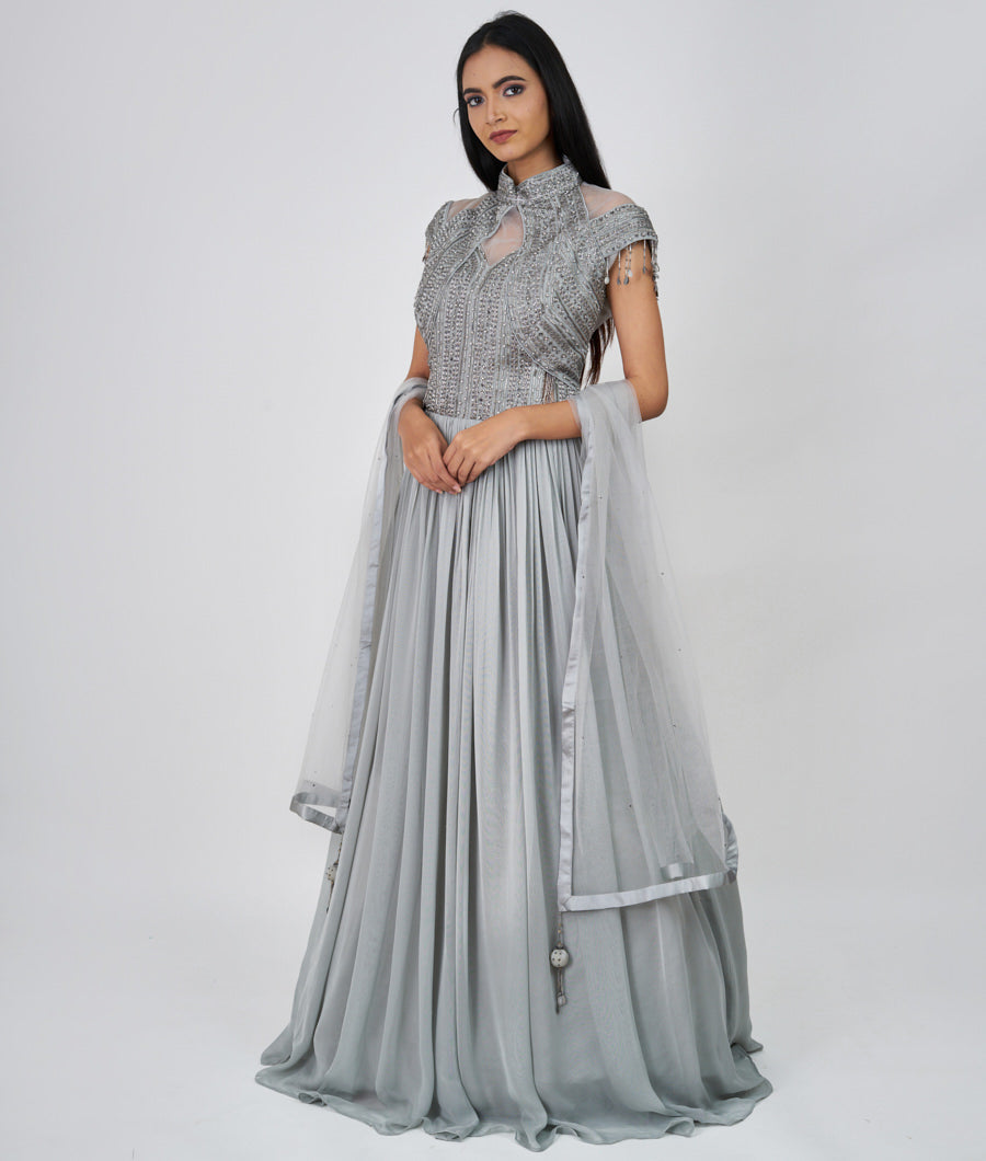 Lite Grey Cutdana With Sequins And Jarkan And Swarovski Stone Work Gown Gown