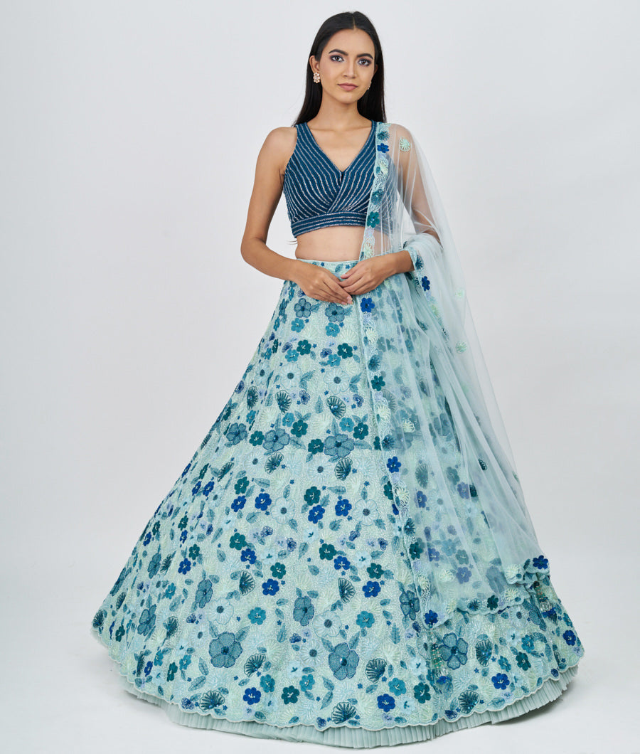 Blue/Pista Green Multi Color Thread Embroidery With Sequins And Pearl And Cutdana And French Knot Work  Lehenga