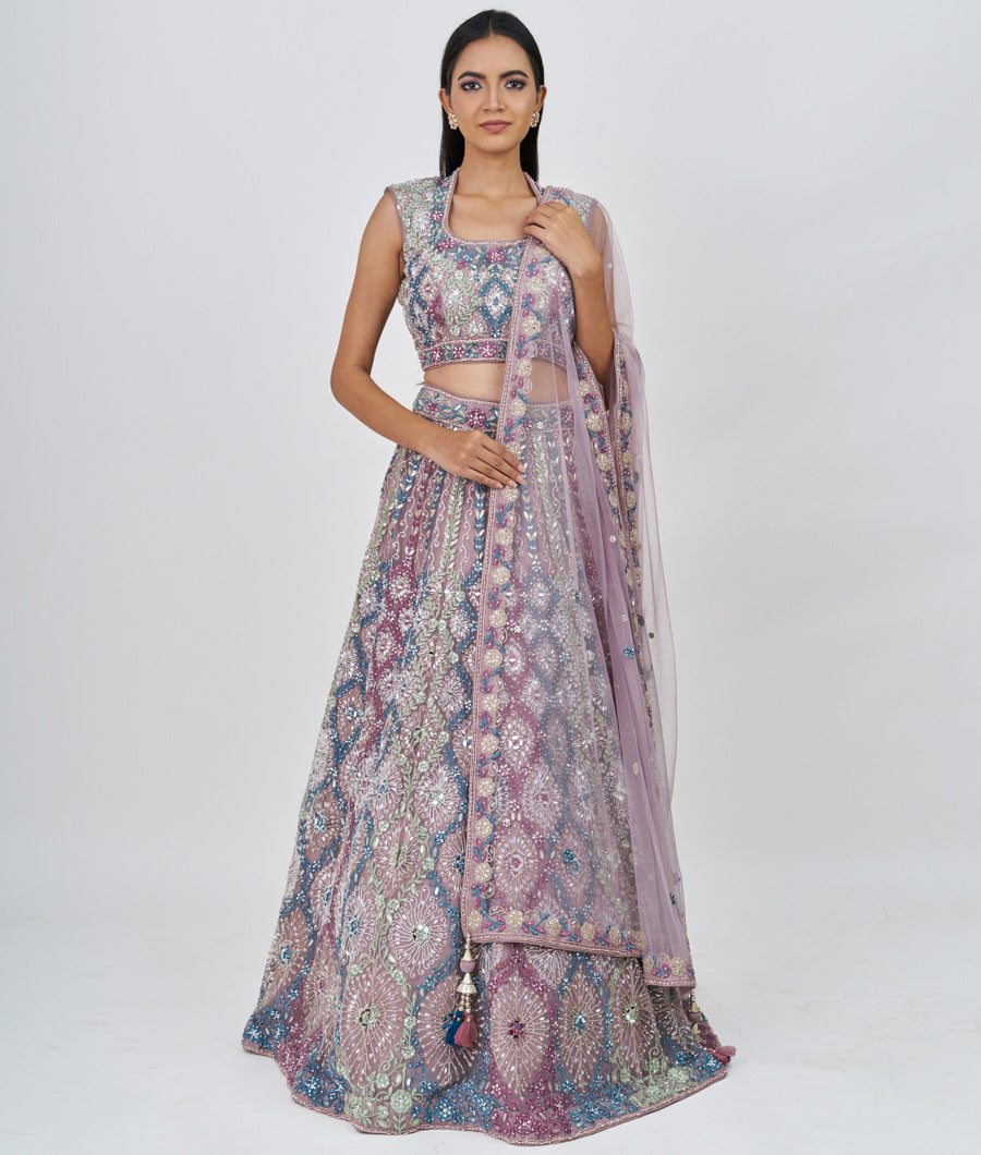 Lavender Multi Color Thread And Zari Embroidery With Sequins And Pearl And Gota Patti And Jarkan Stone Work  Lehenga_KNG90169