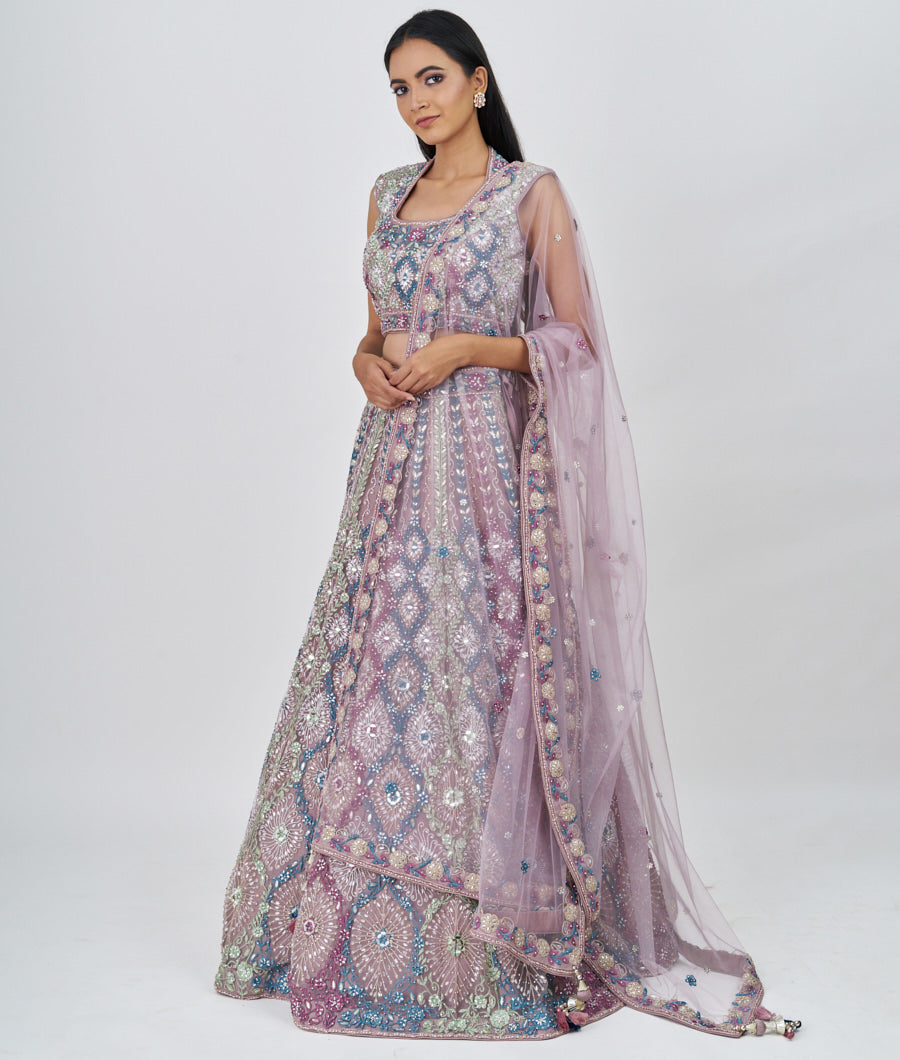 Lavender Multi Color Thread And Zari Embroidery With Sequins And Pearl And Gota Patti And Jarkan Stone Work  Lehenga_KNG90169