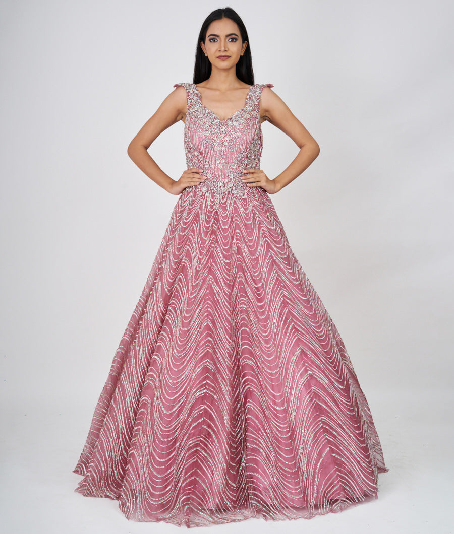 Pink Sequins With Cutdana And Jarkan Stone Work Ball Gown Gown