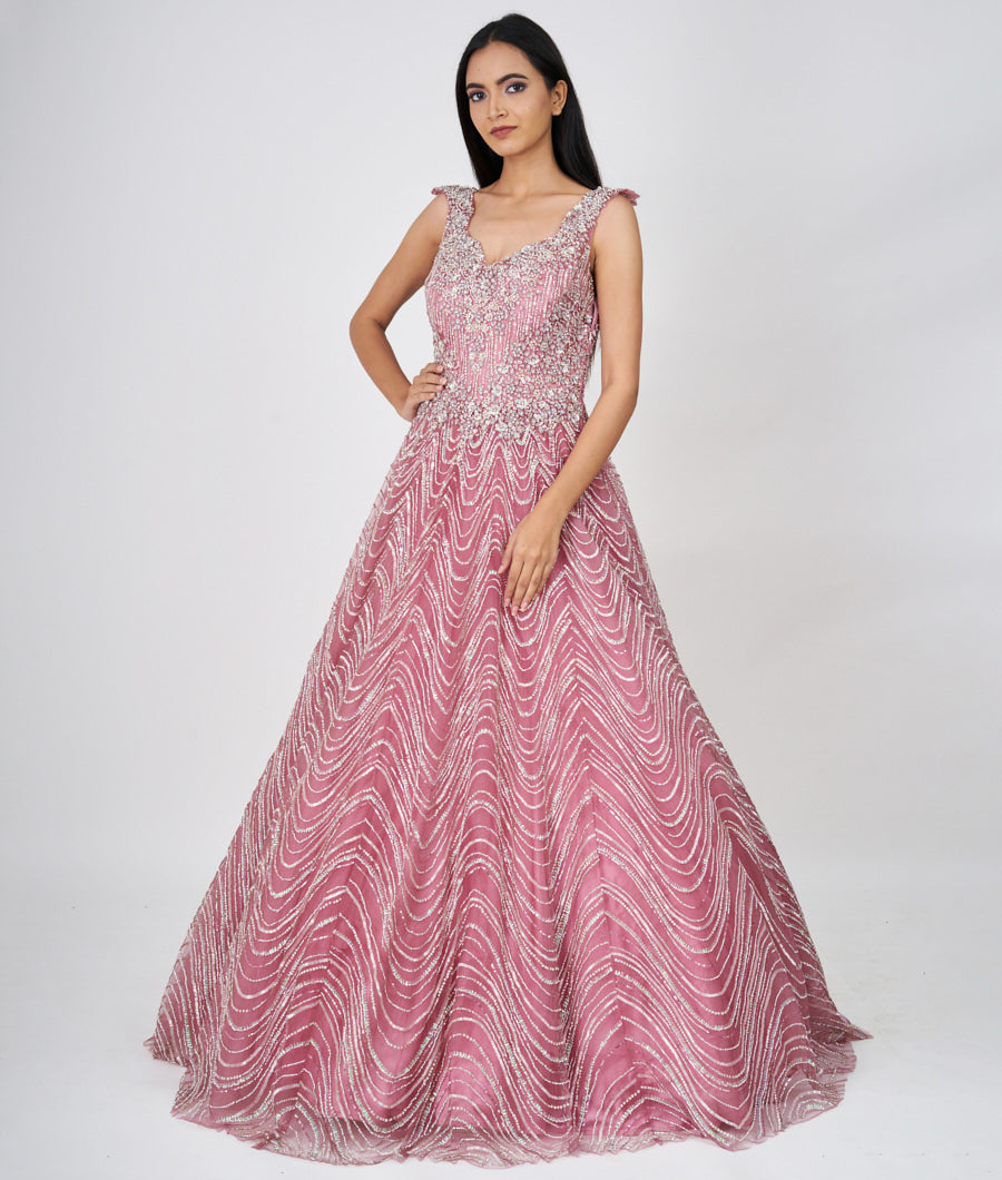 Pink Sequins With Cutdana And Jarkan Stone Work Ball Gown Gown