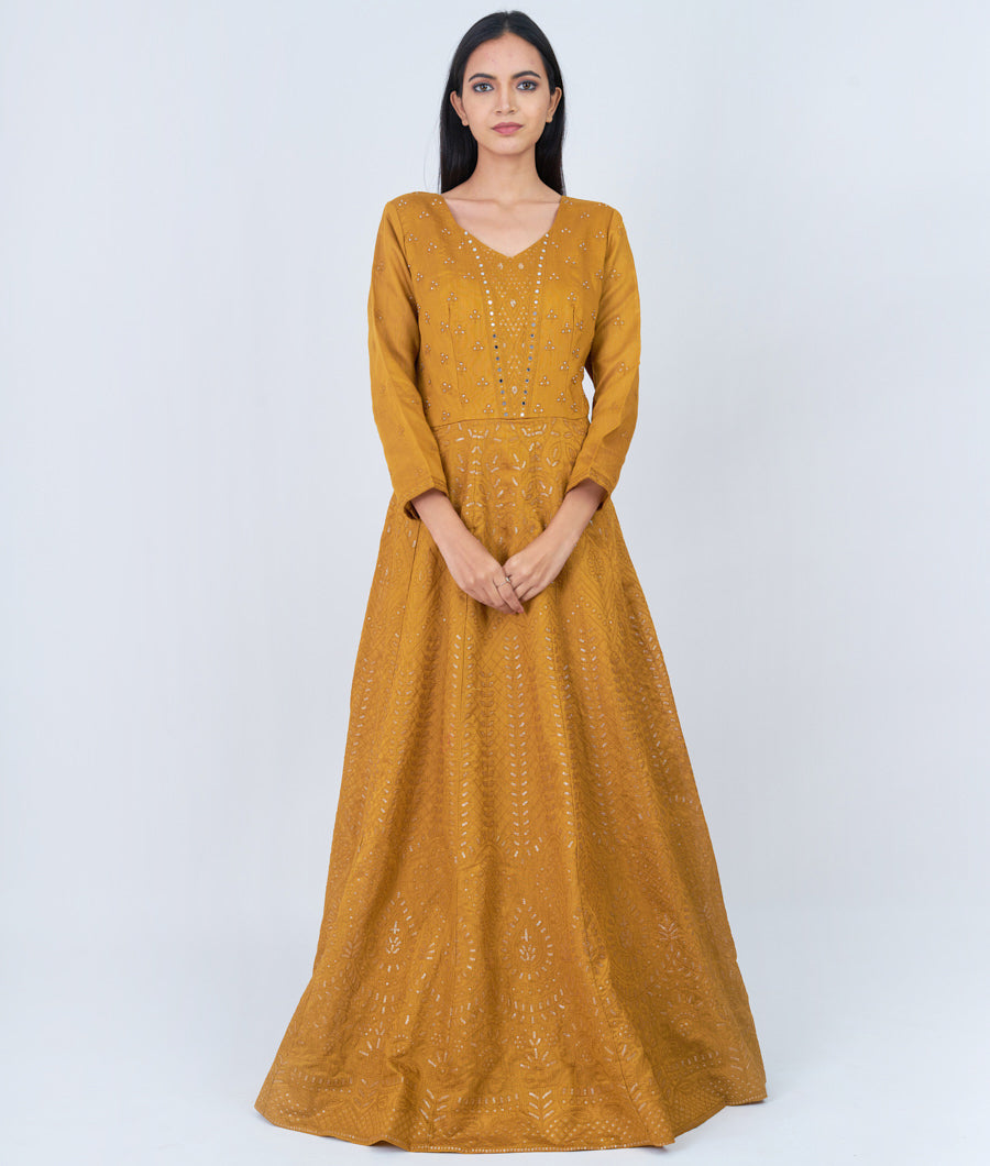 Golden Brown Thread Embroidery With Sequins And Mirror And Stone Work Anarkali Salwar Kameez