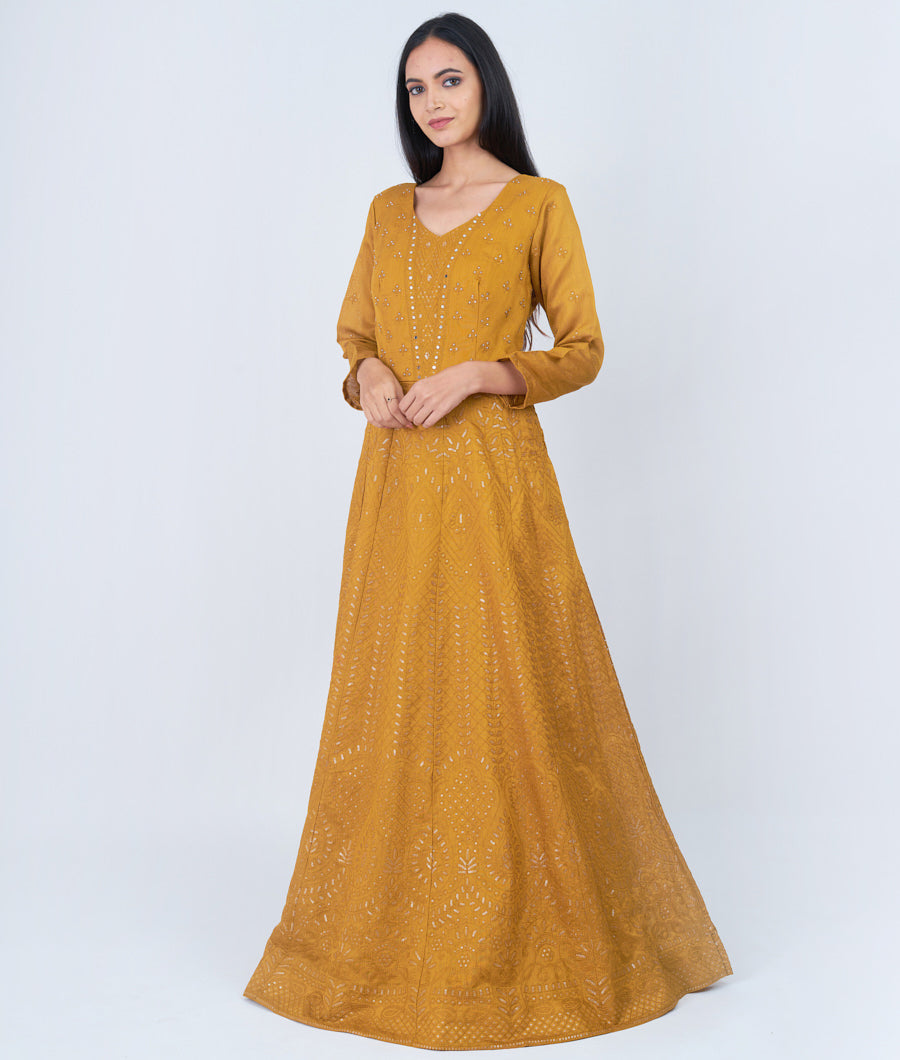 Golden Brown Thread Embroidery With Sequins And Mirror And Stone Work Anarkali Salwar Kameez
