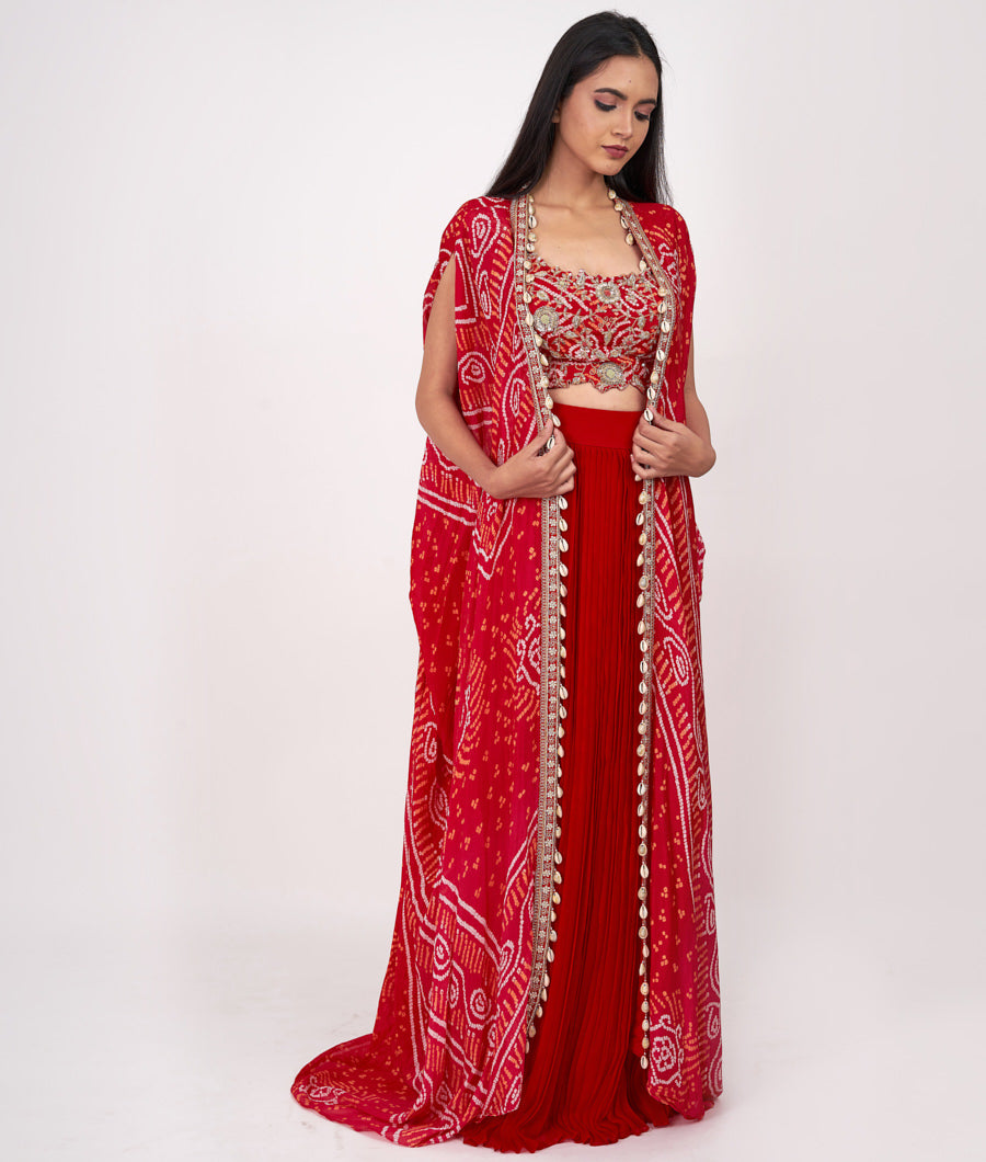 Red/Pink Bandhani Print With Sequins And Zardosi And Cutdana Work Indo Western Salwar Kameez