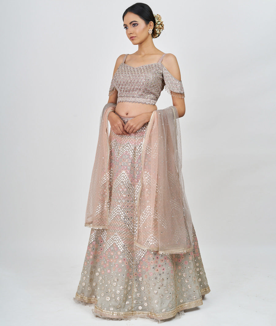 Grey Thread And Zari Embroidery With Sequins And Mirror And Swarovski With Jarkan Stone Work  Lehenga