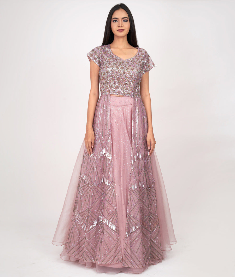 Lavender Sequins With Cutdana And Jarkan Stone Work Indo Western Lehenga