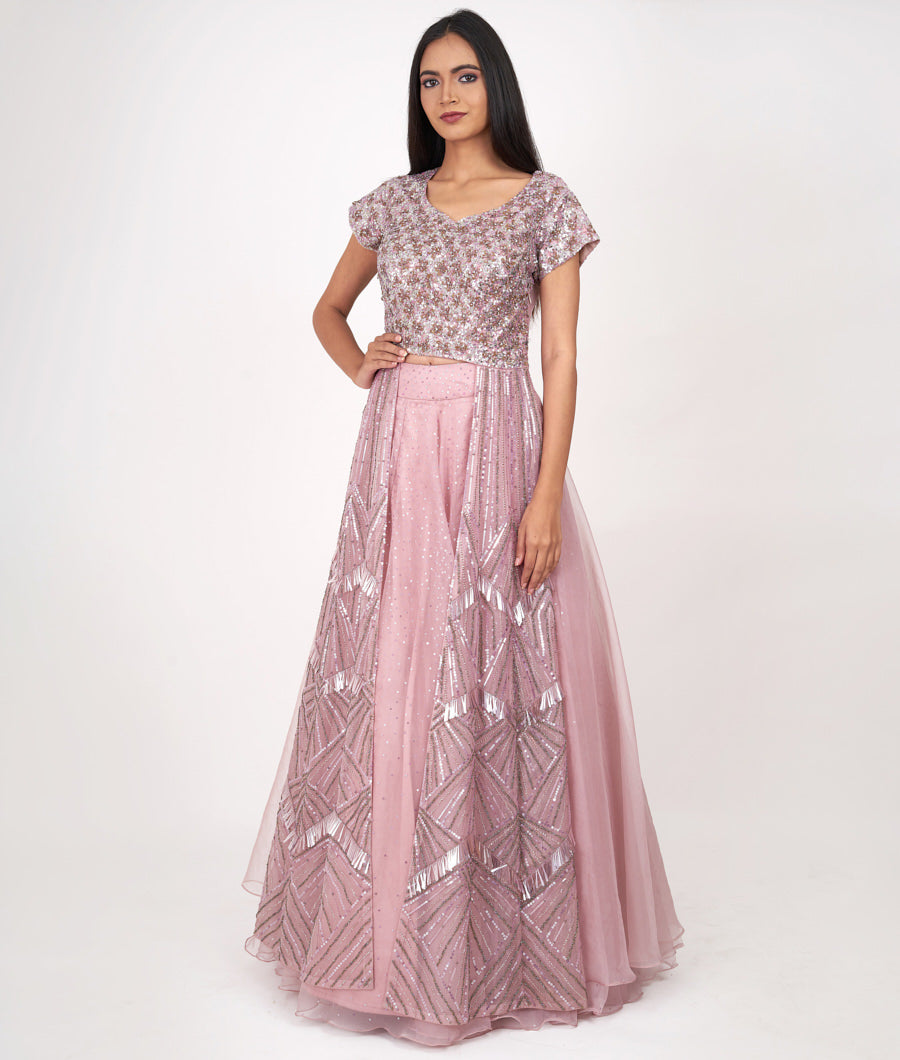 Lavender Sequins With Cutdana And Jarkan Stone Work Indo Western Lehenga