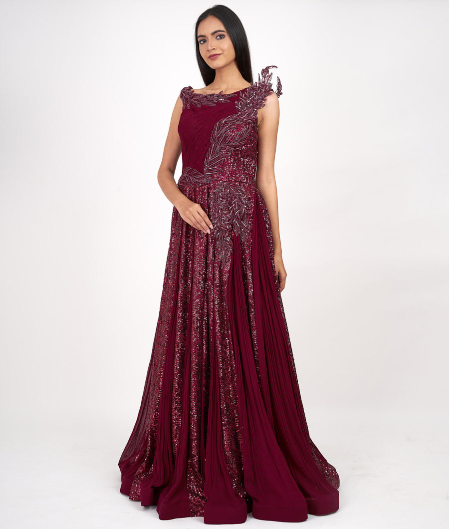 Maroon Self Sequins With Pearl And Cutdana Work Western Gown Gown