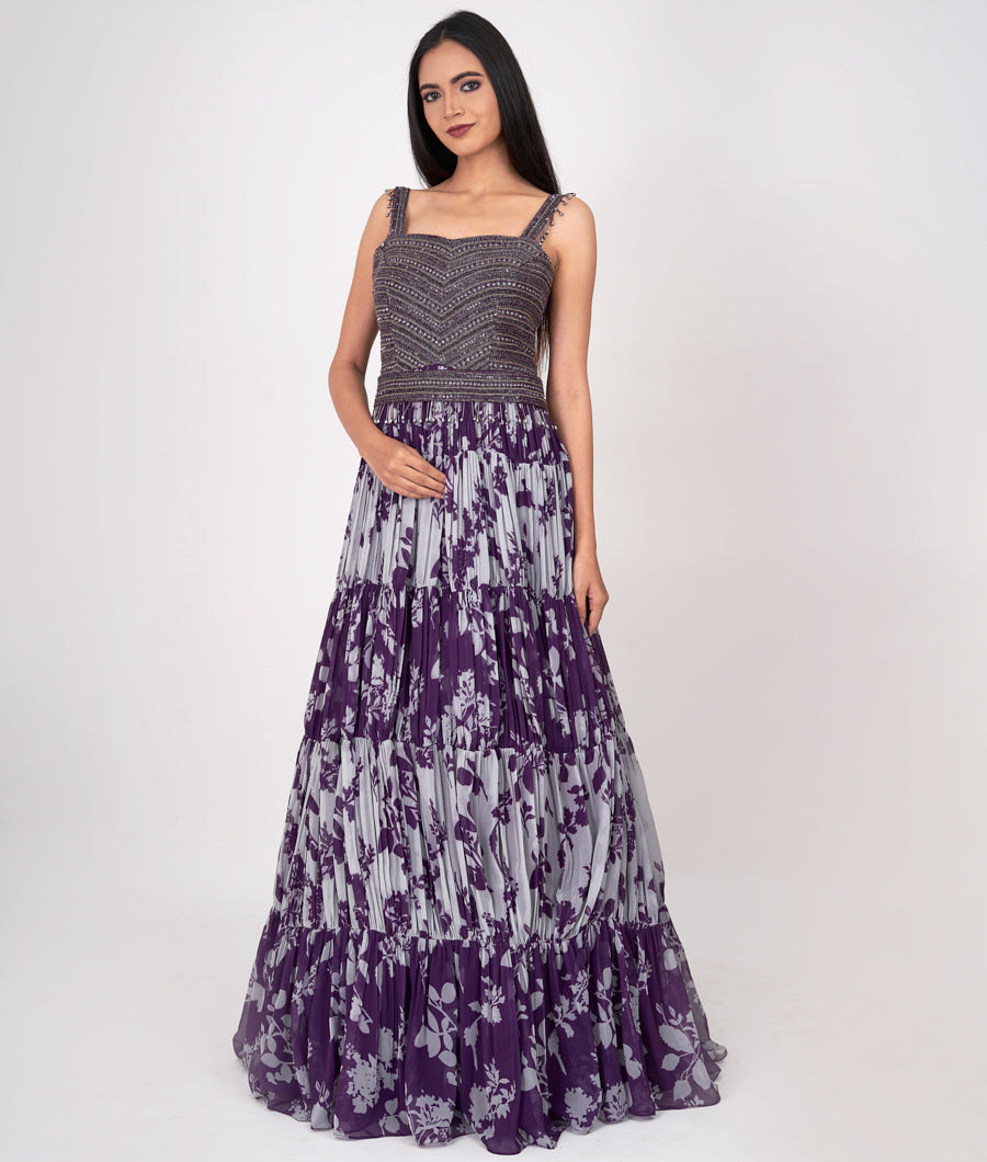 Purple Digtal Print With Cutdana And Sequins Work Gown Gown