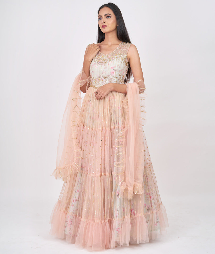 Peach/Pista Green Floral Print With Zari Embroidery With Sequins And Stone Work Anarkali Salwar Kameez