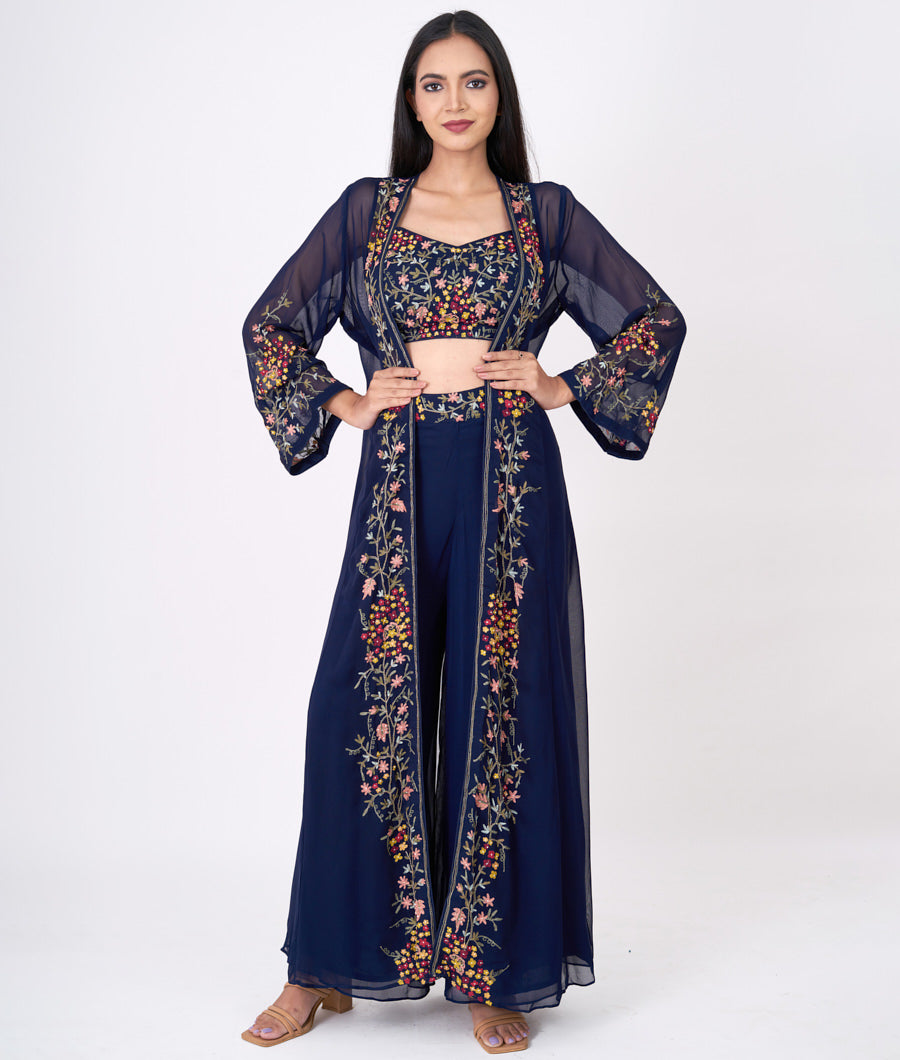 Navy Blue Multi Color Thread Embroidery With Cutdana And Pearl And Zardosi Work Crop Top With Palazzo Set Salwar Kameez_KNG93611