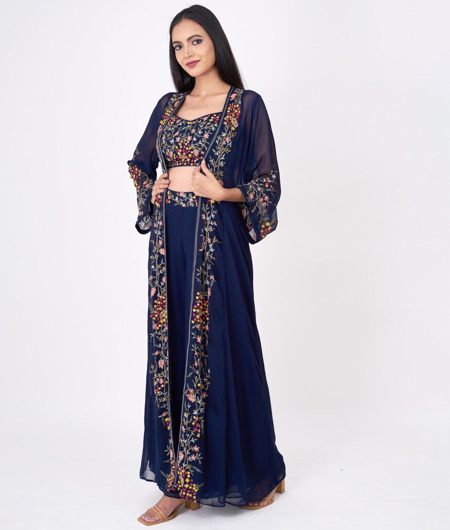 Navy Blue Multi Color Thread Embroidery With Cutdana And Pearl And Zardosi Work Crop Top With Palazzo Set Salwar Kameez_KNG93611
