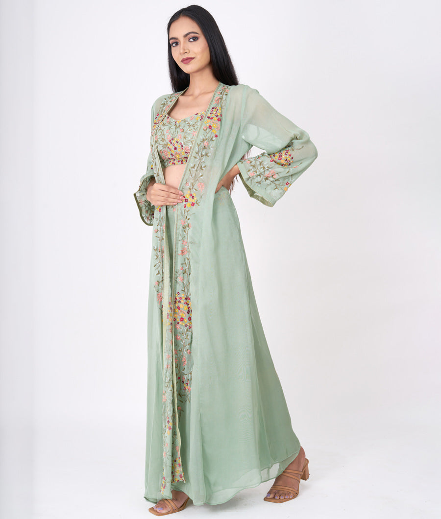 Pista Green Multi Color Thread Embroidery With Cutdana And Pearl And Zardosi Work Crop Top With Palazzo Set Salwar Kameez_KNG93613