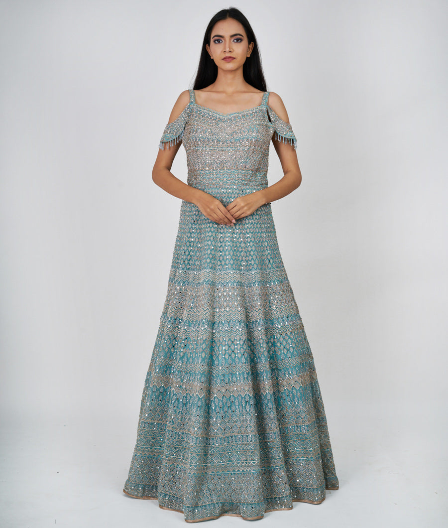 Firozi Thread And Zari Embroidery With Mirror And Swarovski Stone Work E.Gown Gown