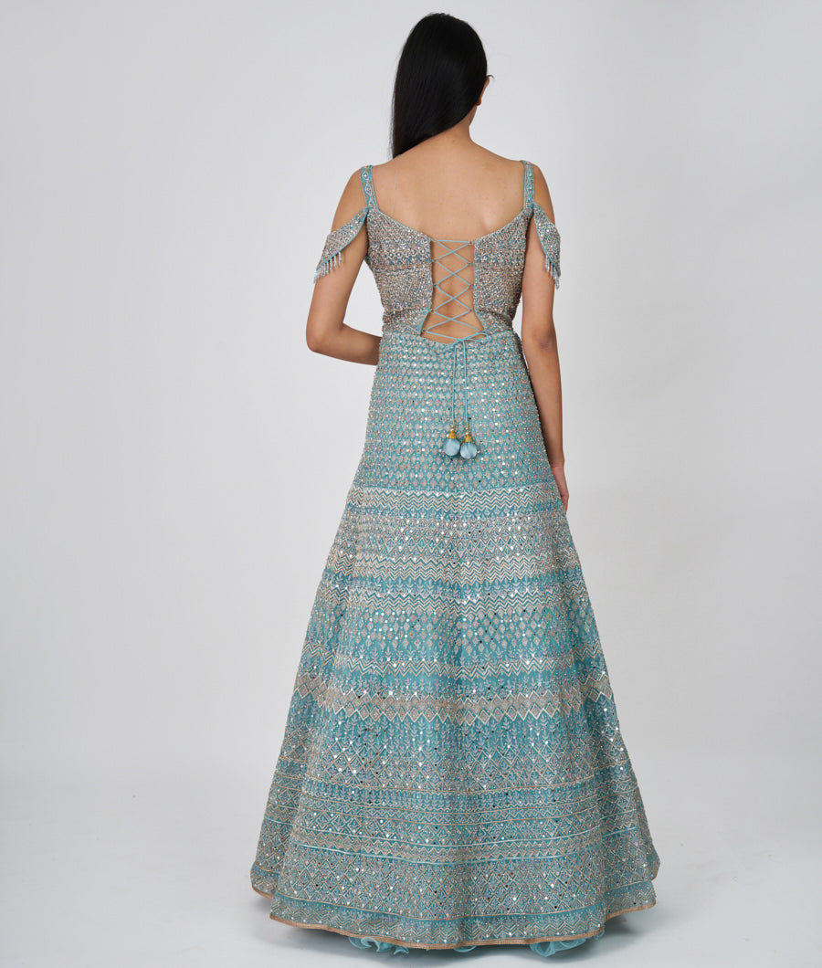 Firozi Thread And Zari Embroidery With Mirror And Swarovski Stone Work E.Gown Gown