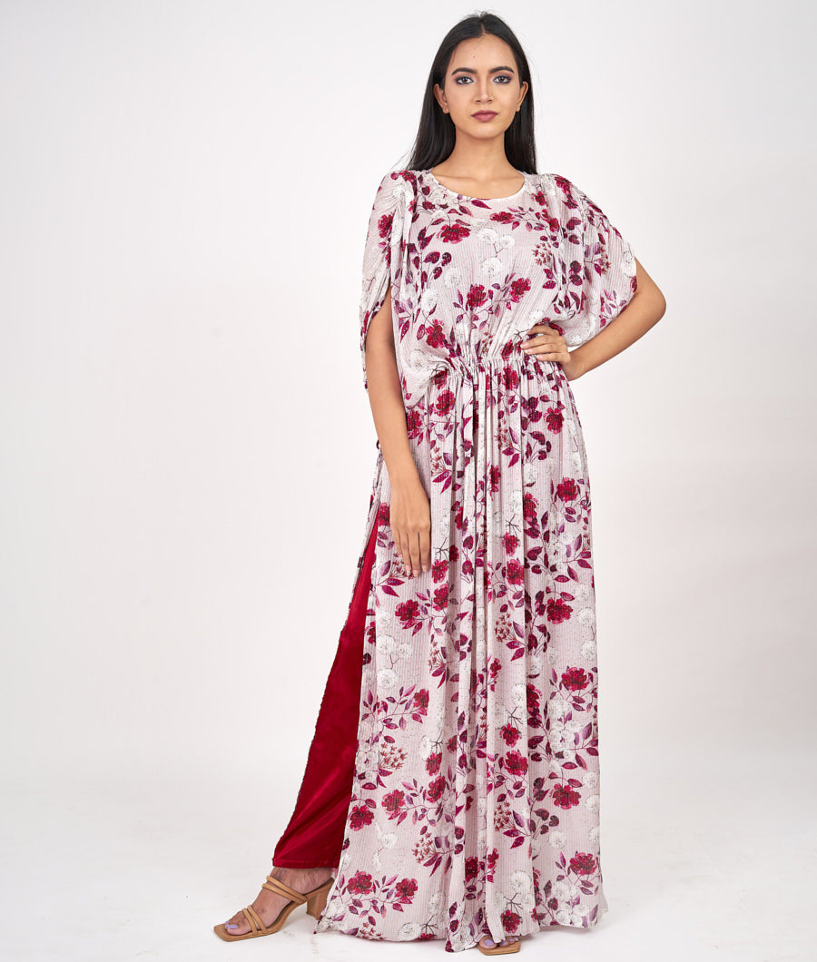 Off White/Maroon Floral Print With Thread Embroidery And Sequins Work Western Gown Salwar Kameez