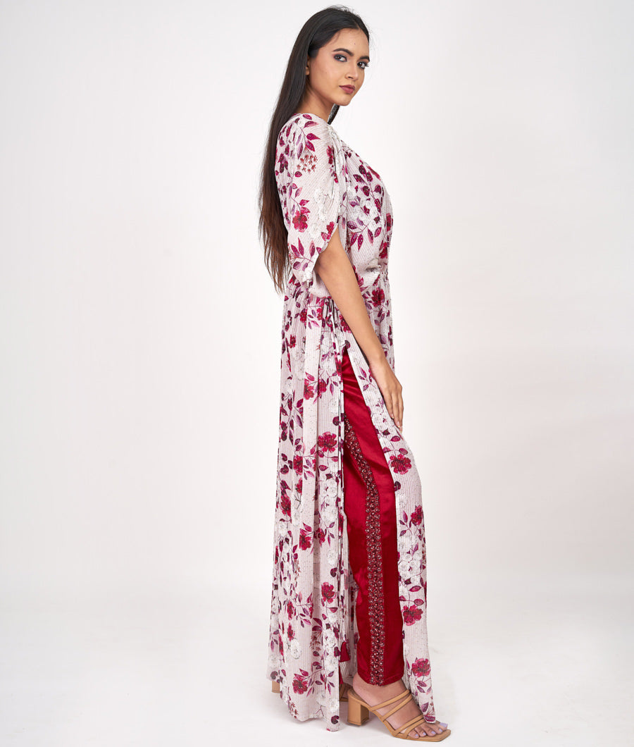 Off White/Maroon Floral Print With Thread Embroidery And Sequins Work Western Gown Salwar Kameez