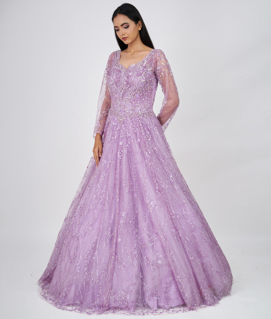 Lavander Sequins With Cutdana And Pearl And Jarkan Stone Work Ball Gown Gown