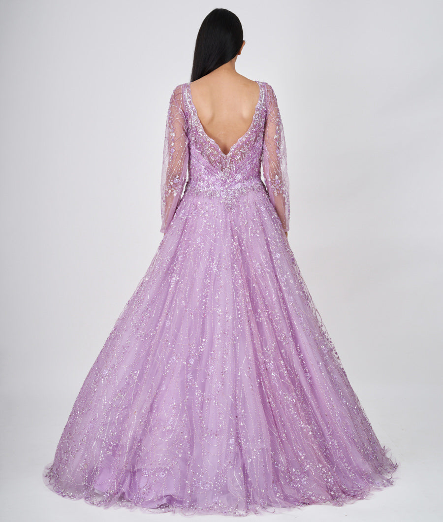 Lavander Sequins With Cutdana And Pearl And Jarkan Stone Work Ball Gown Gown